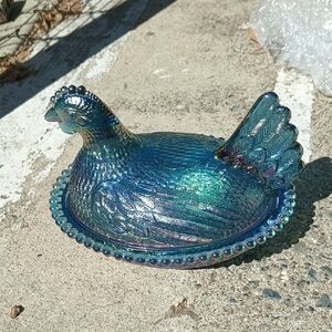 Vintage Indiana Glass Iridescent Carnival Blue-Green-Purple Hen On Nest Dishv#1